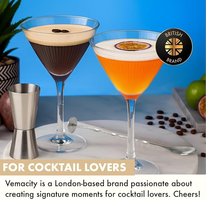 VEMACITY - Ribbed Martini Glasses Set of 4 | Silver Bar Tools - 8oz Coupe Cocktail Glasses | Espresso Martini, Margarita, Manhattan, Cosmopolitan - Art Deco Cocktail Gift Set | Ideal for Christmas
