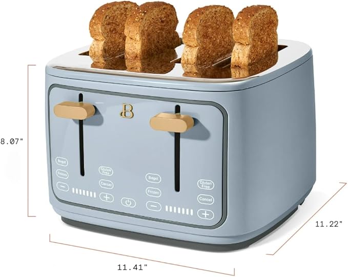 Beautiful 4-Slice Toaster by Drew Barrymore – Touch Display, Extra-Wide Slots, Bagel & Frozen Functions, Stainless Steel (Cornflower Blue)