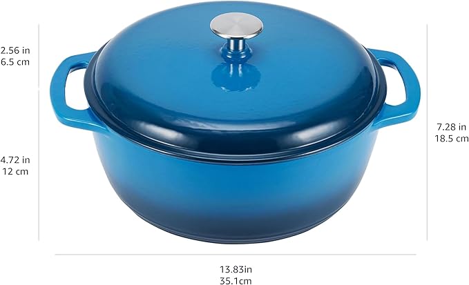 Amazon Basics Cast Iron Dutch Oven Pot with Lid, Enameled, Round, Dual Handles, Heavy-Duty, Medium, 6-Quart, Blue