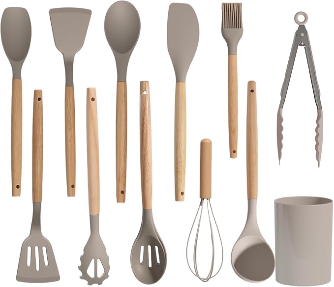 Silicone Cooking Utensil Set,12 PCS Cooking Cookware Kitchen Utensils Set, Nonstick 446°F Heat-Resistant Cookware Kitchen Tools of Spatula,Turner Tongs,Spoon,Brush,Whisk,(khaki)