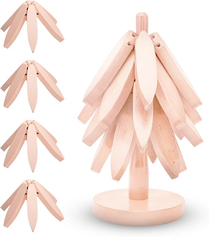 Wooden trivets for hot Dishes – 4 Tree-Shaped Coasters & 1 Stand for Hot Pots, Dishes | Heat-Resistant, Space-Saving Pot Rest & Cozy Kitchen Decor, Tree Trivets for Counter + Special Bonus (Blush)