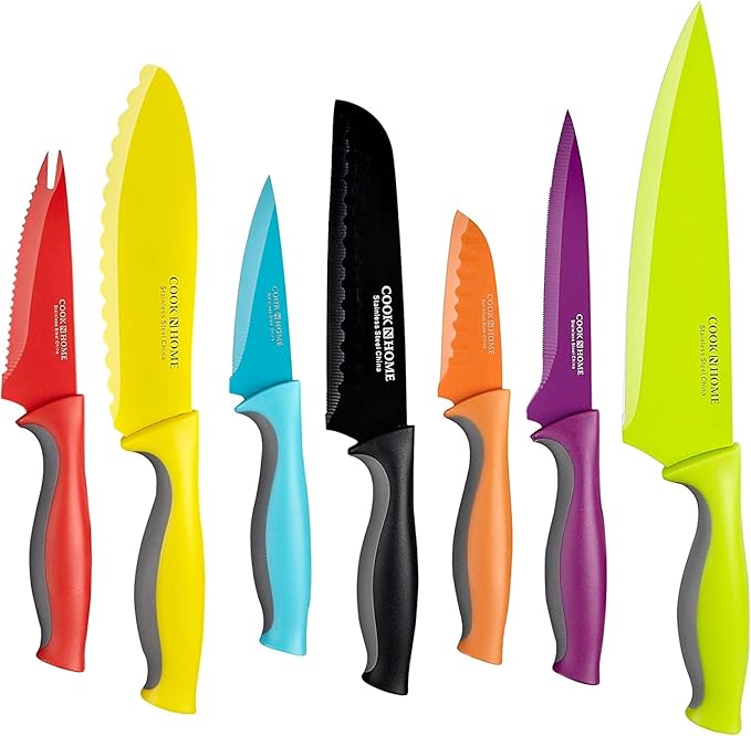 Cook N Home 14-Piece Coated Carbon Stainless Steel Knife Set with Sheaths, Multicolor