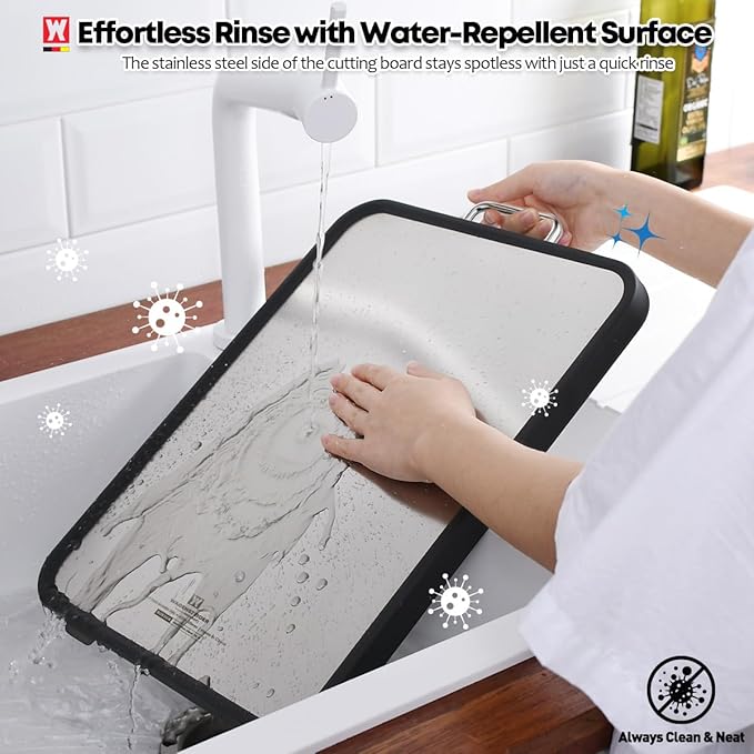 Stainless Steel Double Sided Chopping Board, Cutting Board, Metal Board Side & Plastic Board Side with Wheat Straw PP Inside, Easy to Clean, designed for precision, hygiene