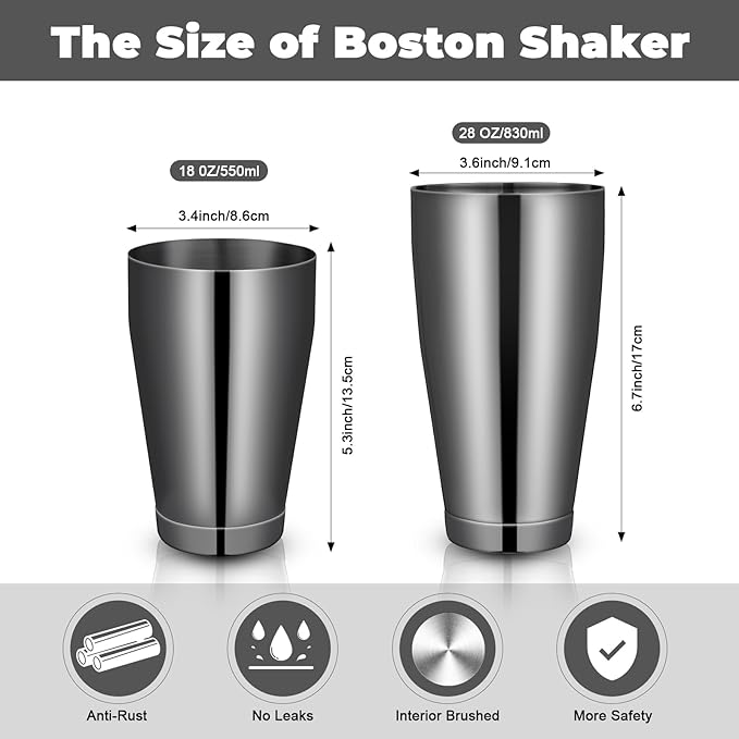 Sabary 6 Pcs Cocktail Shakers Professional Bar Shaker Boston Set Stainless Steel Martini Drink Mixer Basic Tool Weighted Shake Metal Can Cocktail Shaker Set, 18 Oz, 28 oz (Black)