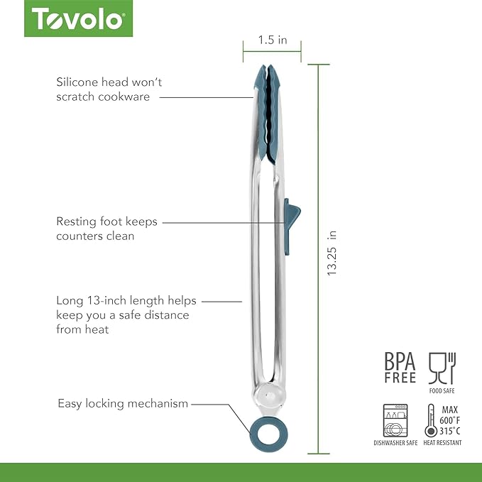 Tovolo Tongs With Silicone Tips Easy Grip 13" Long Kitchen Tongs Stainless Steel Handle For Cooking, Non Scratch Heat Resistant Locking Tongs Silicone Tipped Dishwasher Safe BPA Free, Blue Slate