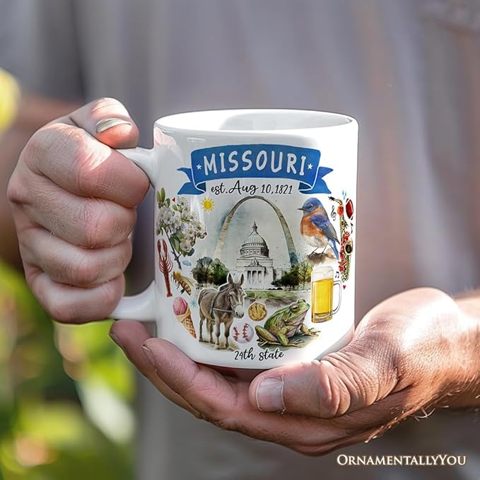 OrnamentallyYou State Travel Landmark Mugs – 12 oz Ceramic Coffee Cups, U.S. Souvenir Gift for Tourists (Artistic Missouri State Themes and Landmarks Mug)