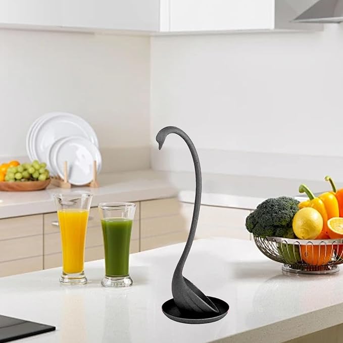 Swan Shaped Soup Ladle, Practical PP Material Long Handle Soup Spoon with Tray Lightweight Large Capacity Swan Shaped Soup Ladle for Home Kitchen (Black)