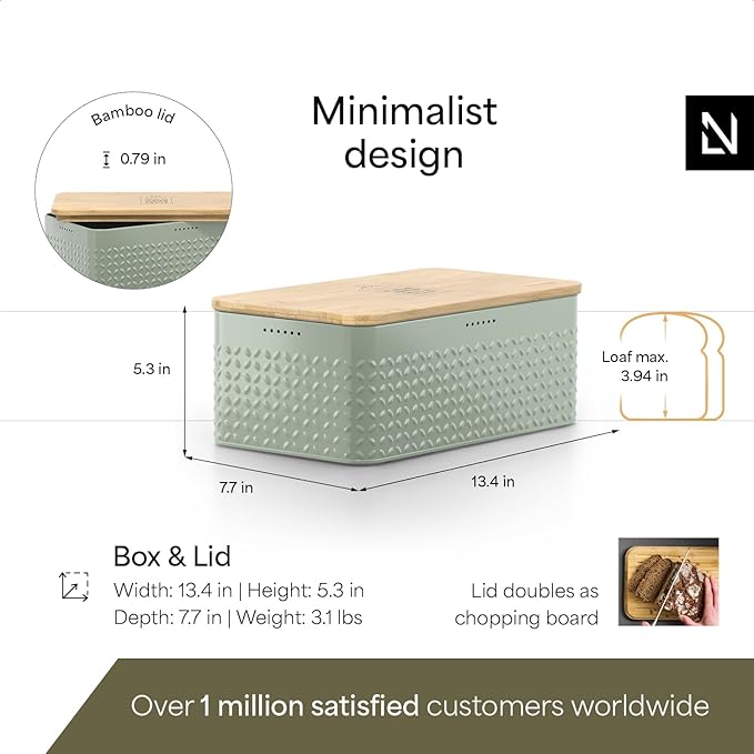 LARS NYSØM Bread Box I Metal Box with linen bag for long lasting freshness I Bread Bin with bamboo lid usable as cutting board I 13.4x7.3x5.3In (Sage Green)