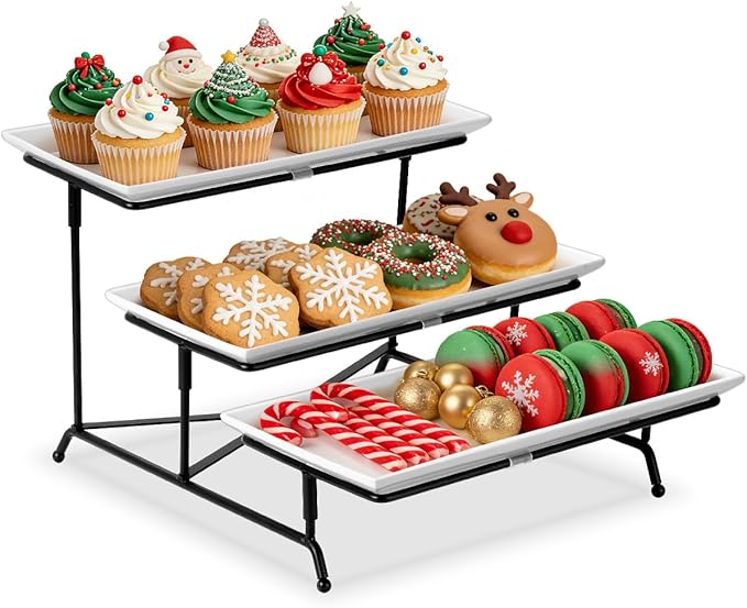 Yedio 3 Tier Serving Trays for Party, Porcelain Serving Platters and Trays, 12 Inch Tiered Tray Stand, Fruit Tray, Trays for Serving Food, White Dessert Stand with Collapsible Sturdier Metal Rack