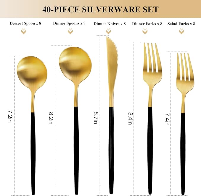 Gold Silverware Set for 8, MIKIWAY Matte Gold With Black Handle Flatware Set, 40 Pieces Stainless Steel Cutlery Tableware Set, Kitchen Utensils Set Include Spoons And Forks Set, Dishwasher Safe