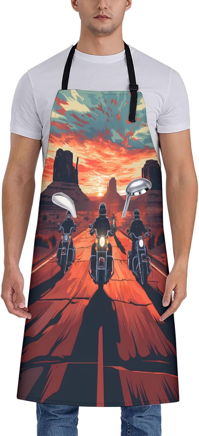 Motorcycle Ride Sunset Apron for Women, 28x33in, Kitchen Chef Aprons with 2 Pockets, Polyester, Bold Biker Apron for Cooking BBQ Baking Gardening Chef, Gifts for Mom Wife Dad