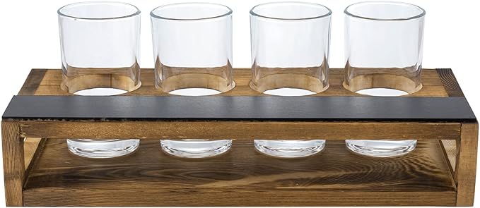 MyGift Rustic Dark Brown Burnt Solid Wood Sampler Tray Beer Flight Holder Serving Set with 4 Glasses and Erasable Chalkboard Label, Set of 2