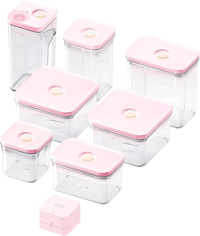 VAKUEN Premium Airtight Food Storage Containers ROSE 8P/SET, 6pcs Container, 1pcs Water Pitcher and Vacuum Sealer. Patented Double Silicone Lining, 100% Leak Proof, BPA-FREE