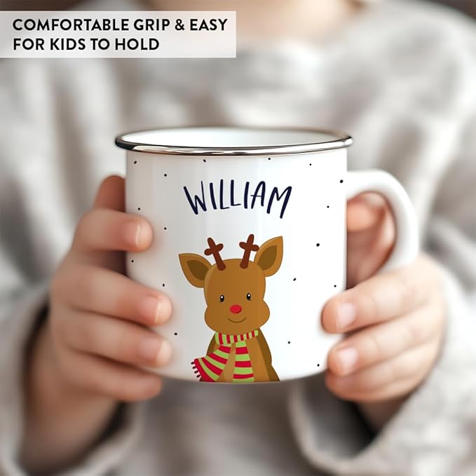 Andaz Press Personalized 11Oz. Kids Christmas Hot Chocolate Stainless Steel Campfire Coffee Mug, Adorable Rudolph Reindeer Red Green Scarf, 1-Pack Custom Birthday Xmas Cup Christmas Mugs Hot Cocoa Mug