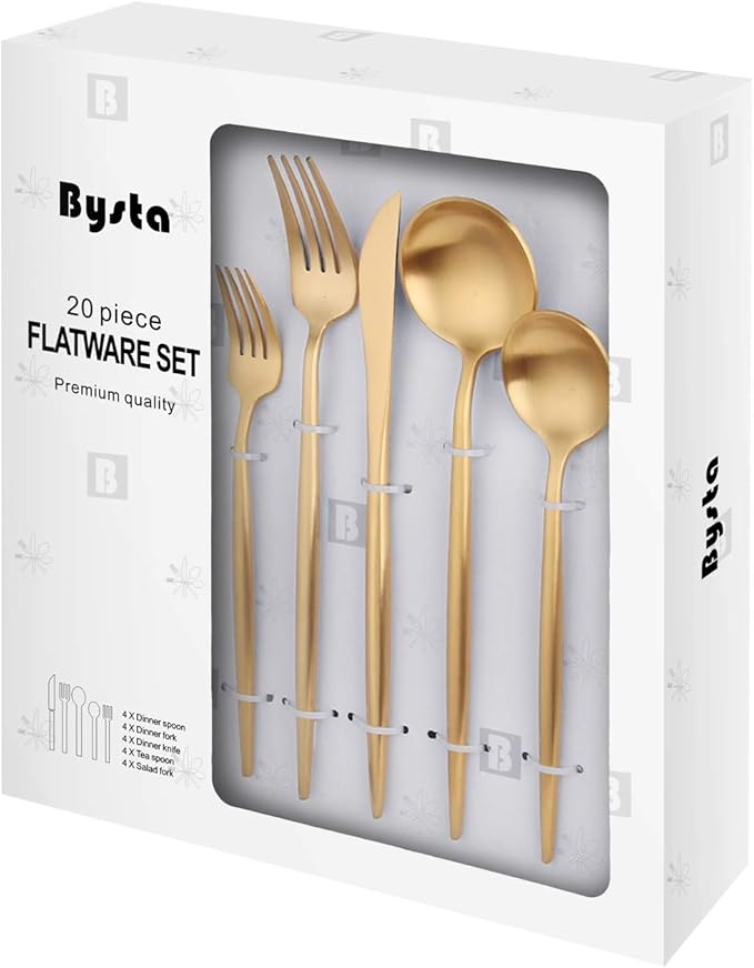Matte Gold Silverware Set, Bysta 20-piece Stainless Steel Flatware Set Cutlery Set Service For 4, Satin Finish, Dishwasher Safe, Nice Gift Box