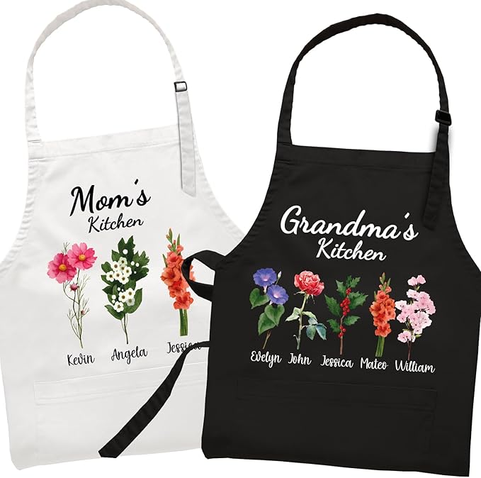 Personalized Apron for Women, Custom Mom Gifts, Grandma Gifts, Mothers Day Gifts for Women, Birthday Gifts For Mama, Birth Mont Flower Nana's Garden Gifts for Gigi, Mommy, Mimi
