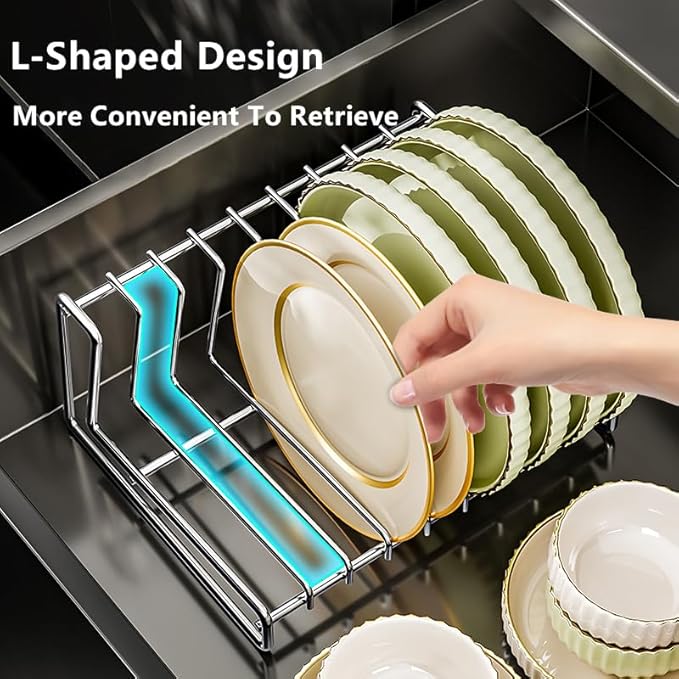 Dish Plate Draining Rack 9 Slots SUS304 Storage Drainboard Kitchen Drying Rack Drainer Stand Plate Organizer for Cabinet Space Saver Stainless Steel (9-Tier)