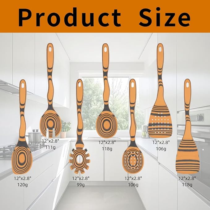Professional Kitchen Wood Fiber Cooking Spoons|7-Piece Curved Handles Non-Scratch, Heat Resistant, Dishwasher Safe Wooden Utensil Set for Non-Stick Pans, Sauce Making, Stirring & Serving|Kitchen Gifts