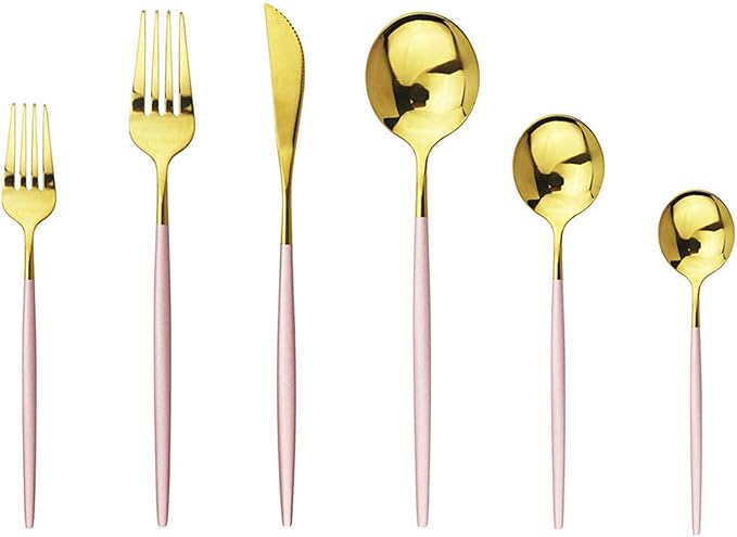 JASHII 18/10 Silver Silverware Set Stainless Steel Flatware Utensils Set Gold Cutlery Set| 36-Piece Modern Cubiertos Dorados| BEST Birthday Wedding Gift (6 Sets, Pink Handle Gold Mirror Polish)