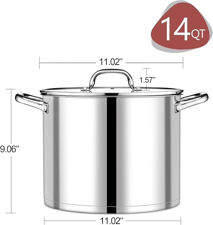 P&P CHEF 14 QT Stock Pot with Lid, Stainless Steel Large Cooking Pot, Soup Canning Stockpot for Stewing Simmering, Tri-ply Bottom for All Stoves, Heavy-Duty &Dishwasher Safe & Food-Grade