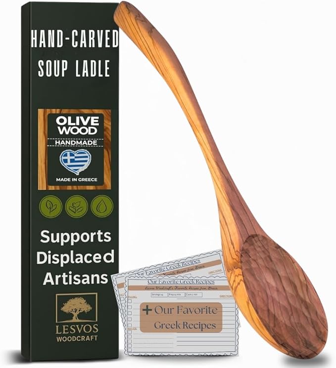Olive Wood Soup Ladle - Large Handmade 13" Wooden Ladle for Soup, Artisan Ladles, Great Gift, Wood Ladle, Fair-Trade - LESVOS WOODCRAFT