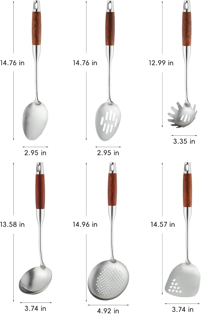 Stainless Steel Kitchen Utensils Set with Wood Handle, 18/10 Metal Cooking Utensils Set, 6-Piece - Spatula, Spoon, Ladle, Skimmer, Slotted Spoon, Pasta
