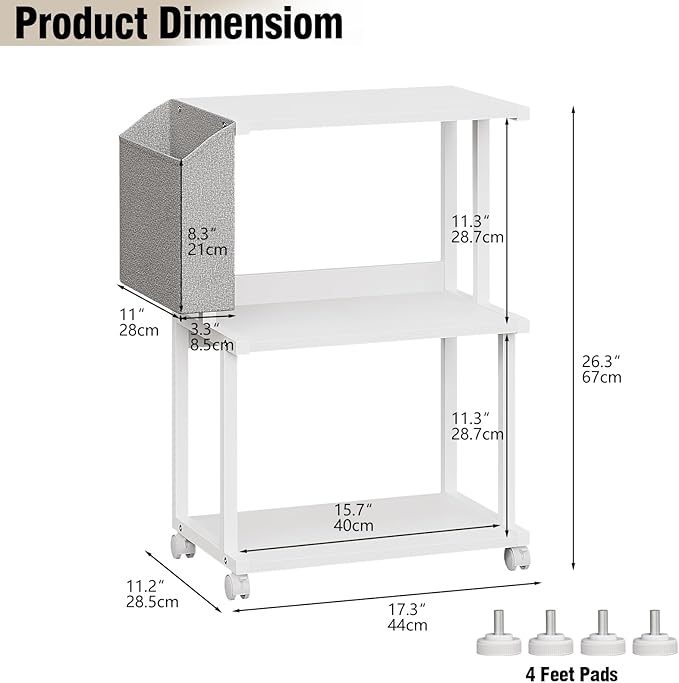 Ostreeful 3 Tier Printer Stand Printer Mobile Wooden Printer Shelf Table Organizer for Home Office Kitchen (Modern White)
