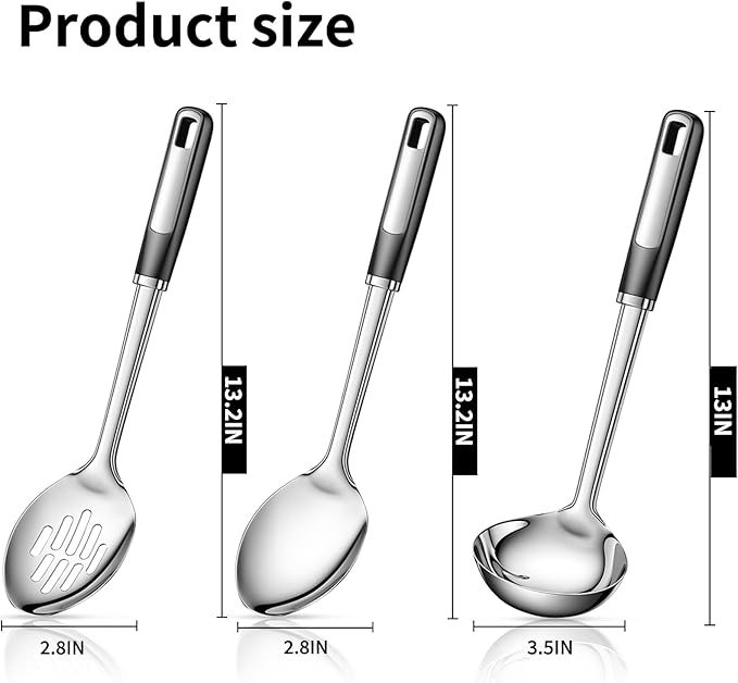 3-Piece Stainless Steel Cooking Spoons Set – Includes Slotted Spoon, Serving Spoon & Soup Ladle, Heat-Resistant, Dishwasher Safe, Ergonomic Handles for Home & Commercial Use