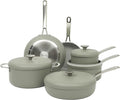 Sur La Table Kitchen Essentials Potluck Porch 10 Piece PFA Free Ceramic Non stick Interior Forged Aluminum Cookware Pots and Pans Set W/Aluminum Lids - Green - Induction Compatible
