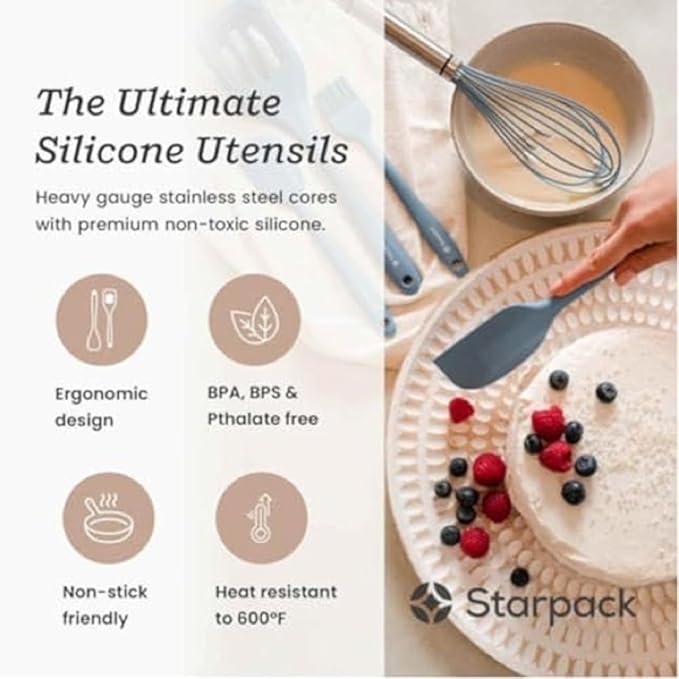 Starpack 'Flip & Whip' Premium Silicone Baking Utensils Set (5 Pcs) - 10" Blue Cooking Utensils with Large and Small Spatulas, Whisk and Basting Brush - Heat Resistant to 600°F - Baking Tool Set