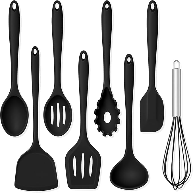 TeamFar 8 PCS Silicone Cooking Utensils - 446°F Heat Resistant Kitchen Silicon Utensils Set, Turner, Spatula, Spoon, Whisk, Kitchen Cooking Gadgets Tools for Nonstick Cookware, Dishwasher Safe-Black
