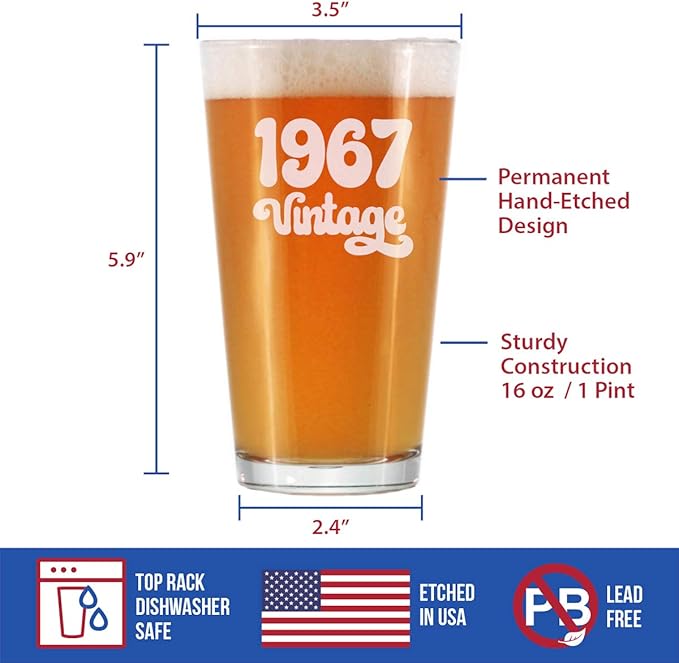 Vintage 1967 Pint Glass for Beer - 58th Birthday Gifts for Men or Women Turning 58 - Fun Bday Party Decor - 16 oz