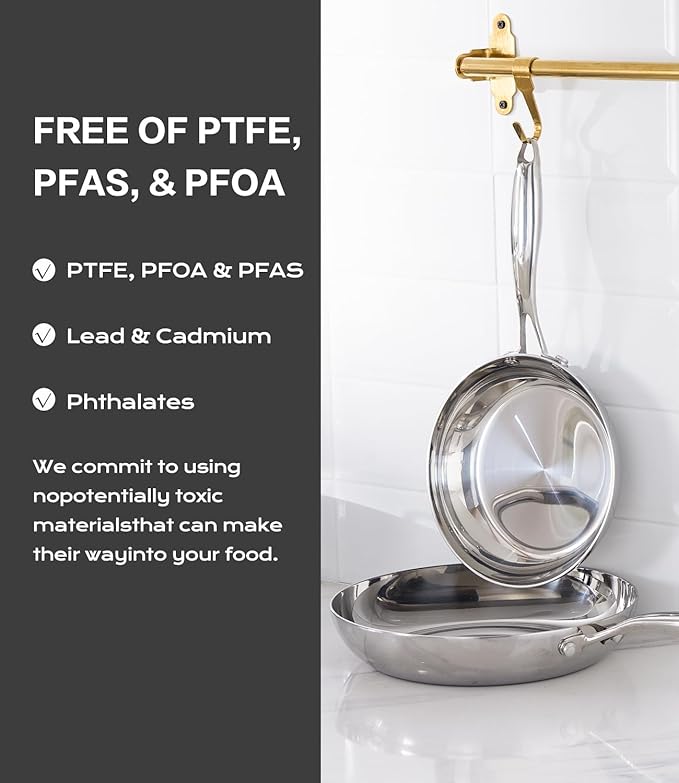 12 Inch Stainless Steel Frying Pan with Lid, Tri-ply Stainless Steel Saute Pan 5.5 QT, PFOA & PTFE Free Induction Compatible Cooking Skillet, Dishwasher & Oven Safe Up to 600℉ Large Capacity Cookware