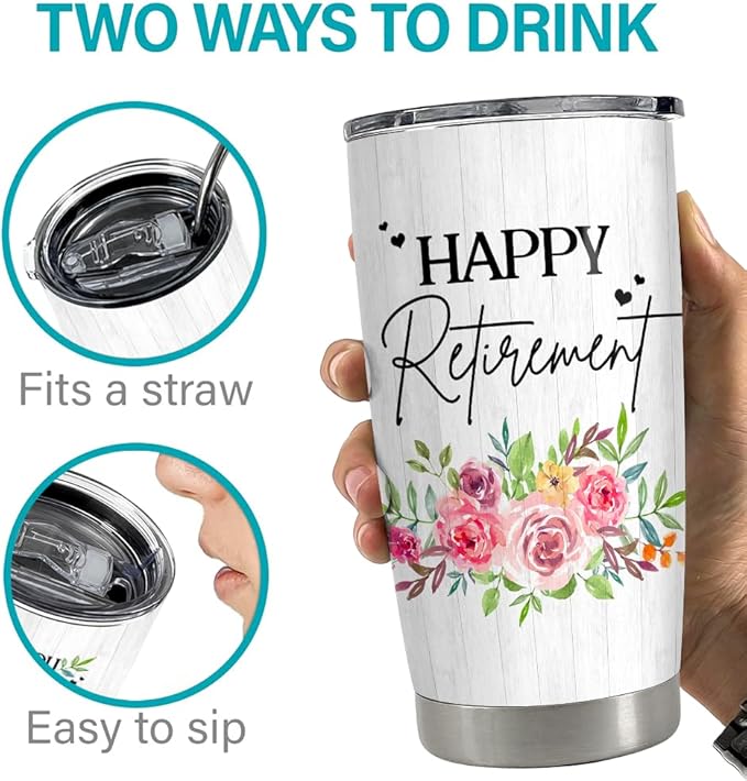 SANDJEST Happy Retirement Tumbler Stainless Steel Insulated Tumbler 20oz Retirement Gift for Women Retired Gifts Farewell Drinking Cups For Female Coworker Boss Colleague Friends