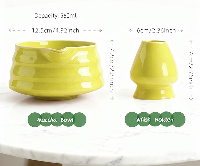 Matcha Bowl with Pour Spout & Whisk Holder, Traditional Japanese Ceramic Chawan Tea Set, Thick Non-Slip Matcha Mixing Bowl for Whisking & Pouring, Tea Ceremony Gift (Green)