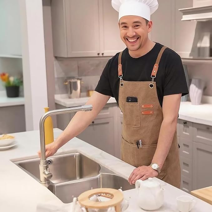 Canvas Apron with Cross Back Straps for Men & men,Chef & work Apron with Multiple Pockets for Cooking,BBQ,Workshop,Gardening and Crafts(Brown)