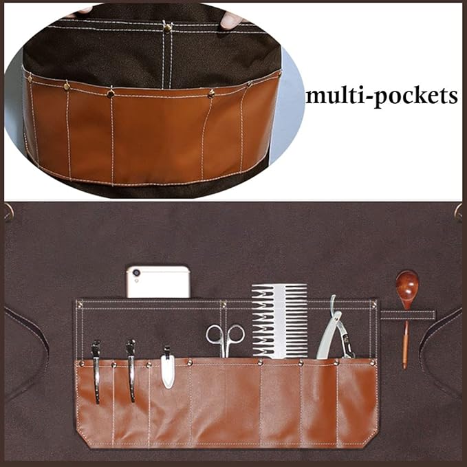 boshiho Barber Shop Apron with Pockets Arist Painting Beauty Salon Aprons for Women/Men Utility Work Apron (Canvas Coffee)
