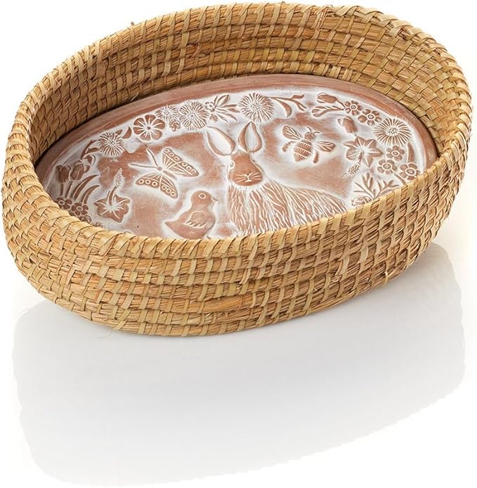 Bread Basket with Terracotta Warmer, Bread Basket for Serving, Sized 12.5" w x 8.5" d x 3.5" h, Nature Inspired Spring Friends Design