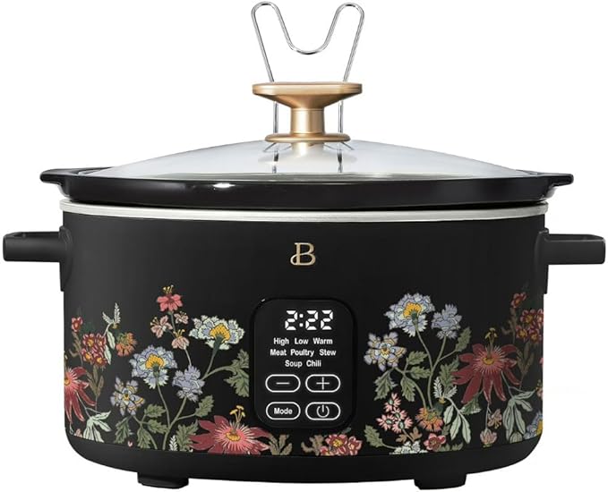 Beautiful 6 Qt Programmable Slow Cooker by Drew Barrymore - 5 Preset Cooking Functions, Digital Countdown Timer, Dishwasher-Safe Parts and Cool-Touch Handles -Wildflower Black Sesame