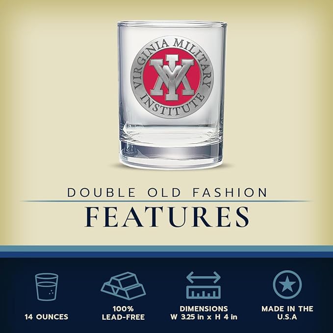 Heritage Pewter Virginia Military Institute Double Old Fashion | Double Rocks Glass 14 OZ for Liquor | Expertly Crafted Pewter Glass