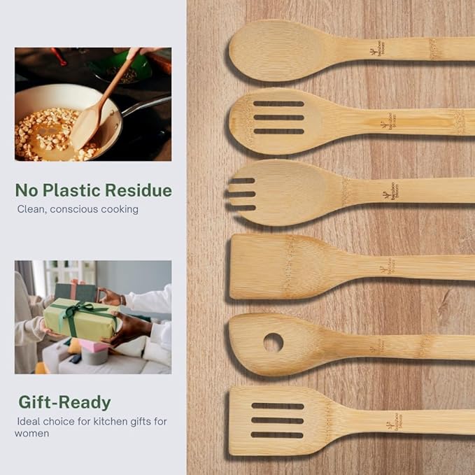 6 Piece kitchen utensils set - bamboo cooking utensils with comfort grip, including bamboo spoons, shovels & spatulas | wooden utensil set for non-stick pans, kitchen essentials