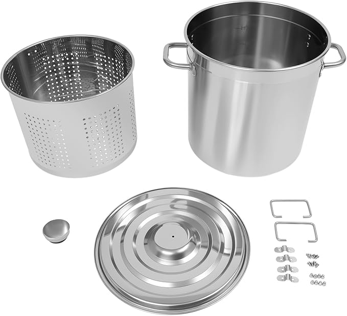DYNAMI 37Qt Large Cooking Pot with Basket and Lid, Stainless Steel Stock Pot with Strainer,Multipurpose Cookware Soup Turkey Fryer Seafood Boil Pot,for Lobster Crab Shrimp