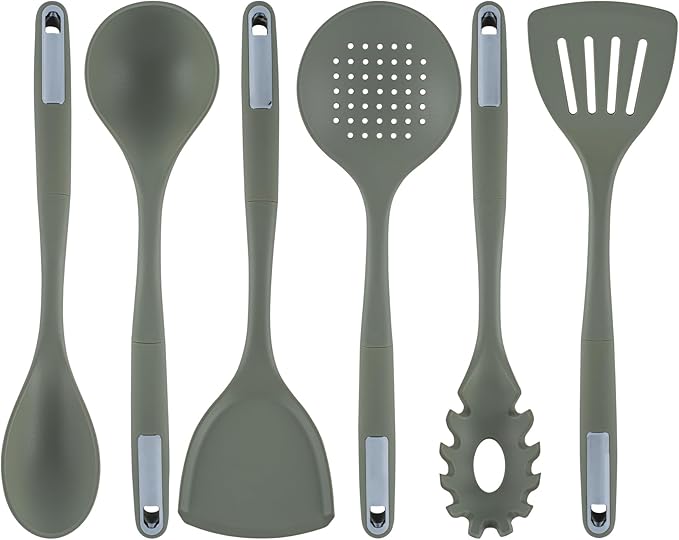 Restaurantware Silicone Utensil Set Pack of 1 Non-Slip Handle 6-Piece Kitchen Tool Set, Heat-Resistant Dishwasher-Friendly Cooking Accessories, Durable Green Cooking Utensils