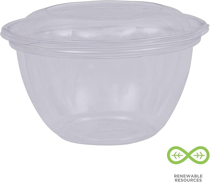 ECO PRODUCTS Compostable Clear PLA Plastic 18oz Salad Bowl With Lid, Case of 150, Grab 'n' Go Round Cold Takeout Food Containers, Renewable Plant-Based, Disposable, ASTM Compliant, BPI-Certified