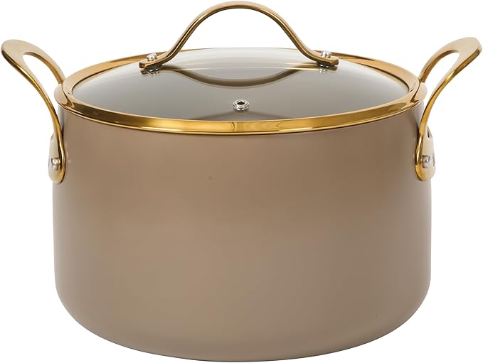 Bloomhouse - Two Time Oprah's Favorite Things Winner - 8 Quart Stock Pot w/Lid – PFAS-Free Ceramic Nonstick Dutch Oven Heavy Duty Aluminum Oven Safe Dishwasher Safe Cappuccino Cream w/Gold Handles