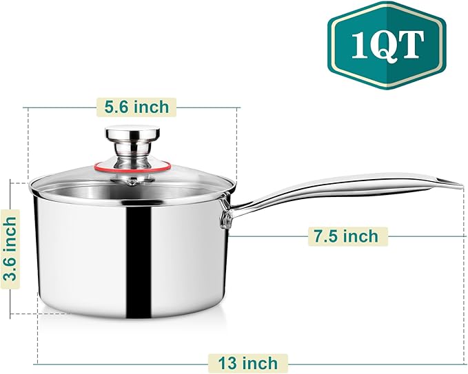 P&P CHEF 1 Quart Tri-Ply Stockpot and Saucepan, Stainless Steel Sauce Pan with Lid, Cooking Induction Pot, Kitchen Cookware for All Stoves, Non-Toxic, Durable & Dishwasher Safe, 1 Piece