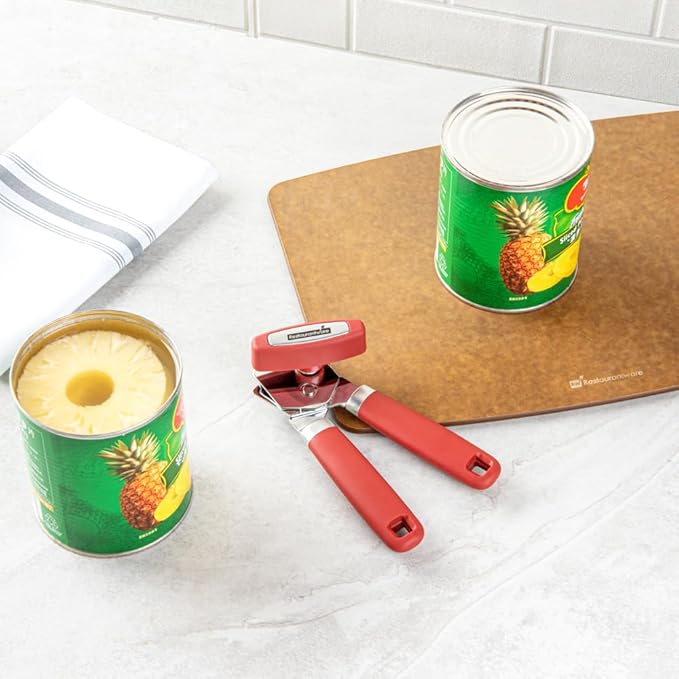 Restaurantware Comfy Grip 7.6 x 1.9 x 2.1 Inch Can Opener 1 Durable Manual Can Opener - Sharp Wheel Blade Grip Handle Red Stainless Steel Hand-Held Can Opener Built-In Bottle Opener