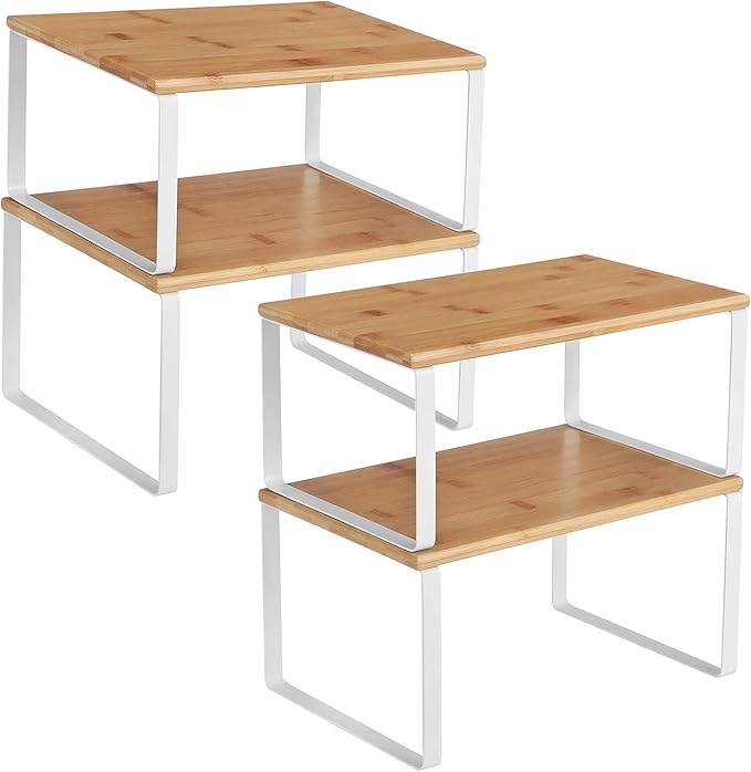 SONGMICS Cabinet Organizer Shelf, Set of 4 Kitchen Counter Shelves, Kitchen Storage, Spice Rack, Stackable, Expandable, Metal and Engineered Wood, Cloud White and Natural Beige UKCS010N01