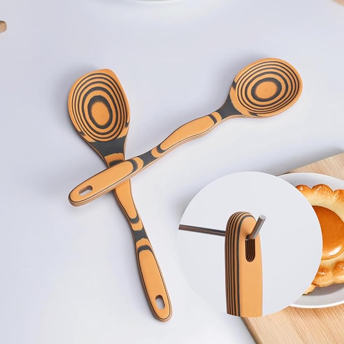 Professional Kitchen Wood Fiber Cooking Spoons|7-Piece Curved Handles Non-Scratch, Heat Resistant, Dishwasher Safe Wooden Utensil Set for Non-Stick Pans, Sauce Making, Stirring & Serving|Kitchen Gifts