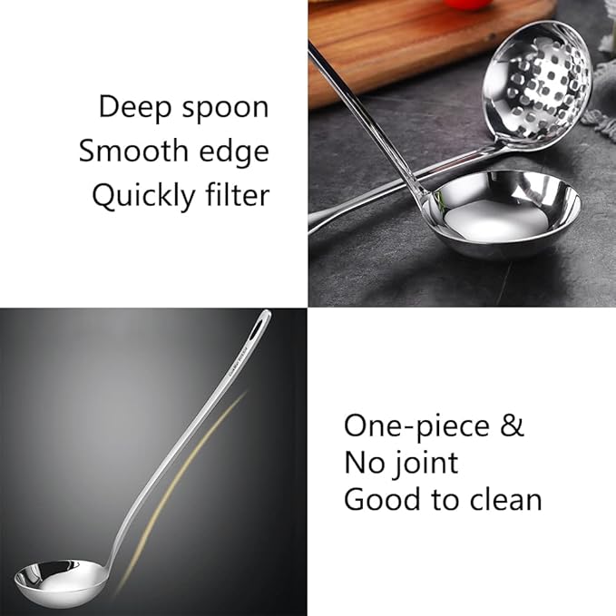 Metal Soup Ladle,18/8 Stainless Steel Ladle Spoon And Strainer Scoop Set Of 2 With Holes,Cooking Utensil For Kitchen